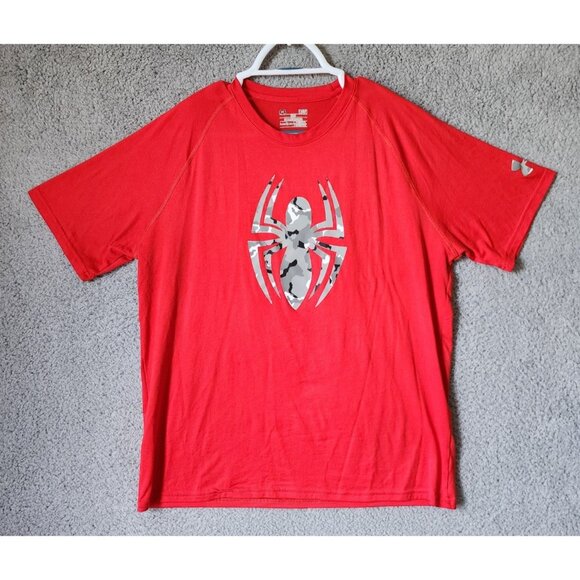 Under Armour Size Large Gray Camouflage Spiderman Logo Red Loose T Shirt - Picture 1 of 10